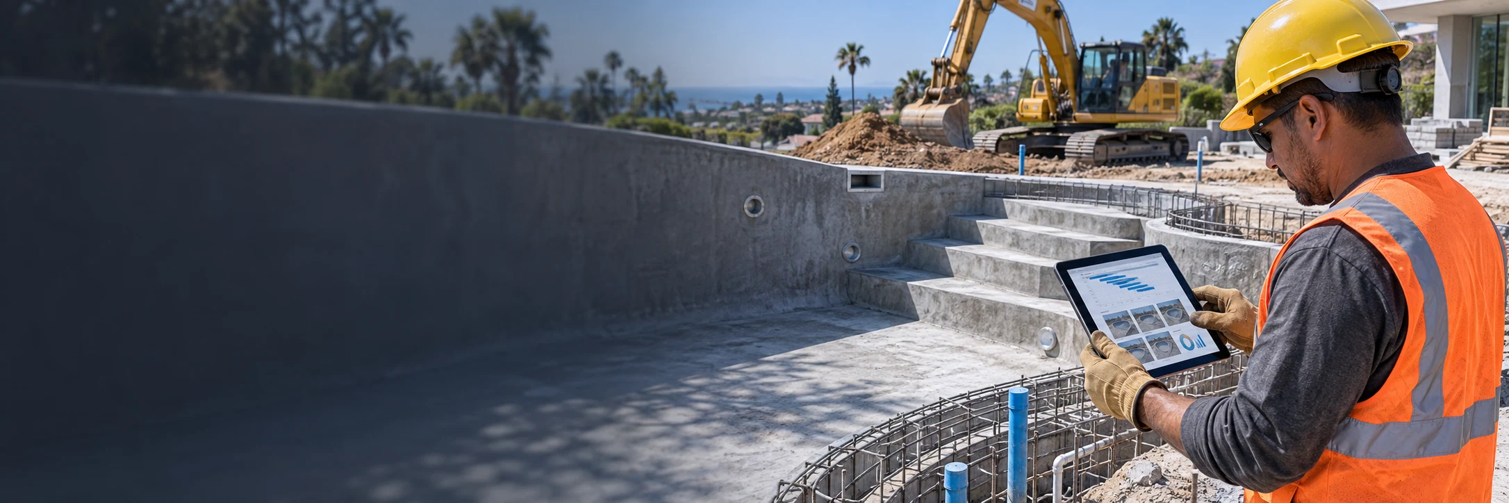 Pool construction site with a worker reviewing project information beside the pool shell
