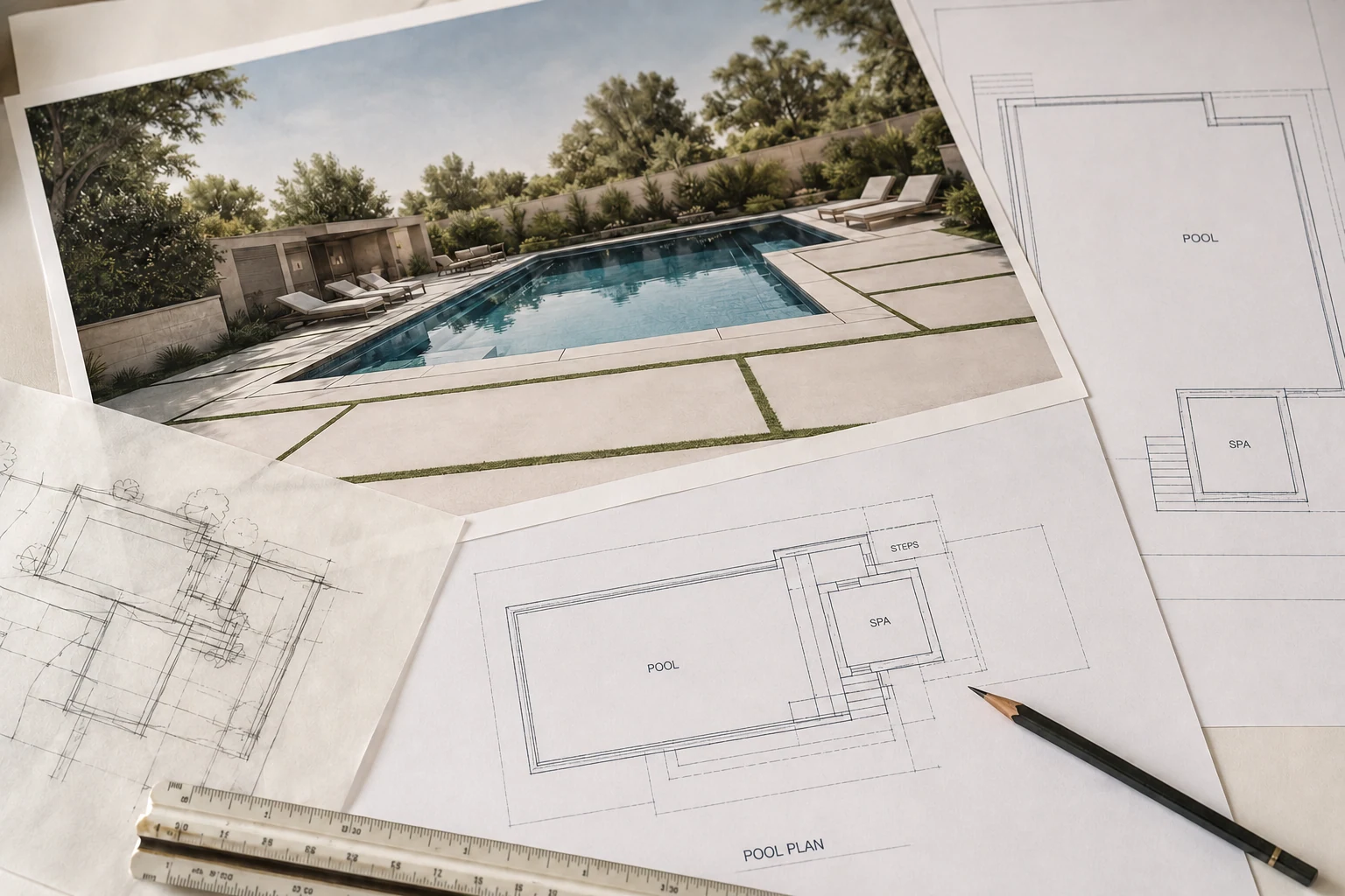Pool rendering arranged with conceptual pool plans and drafting materials